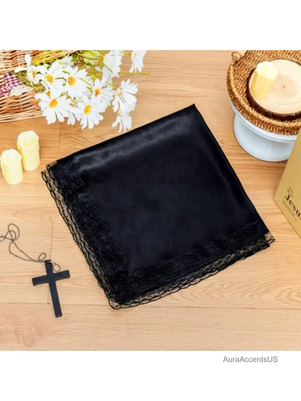 Silky Viscose Square Lap Scarf with Lace Trim for Church Daily Use